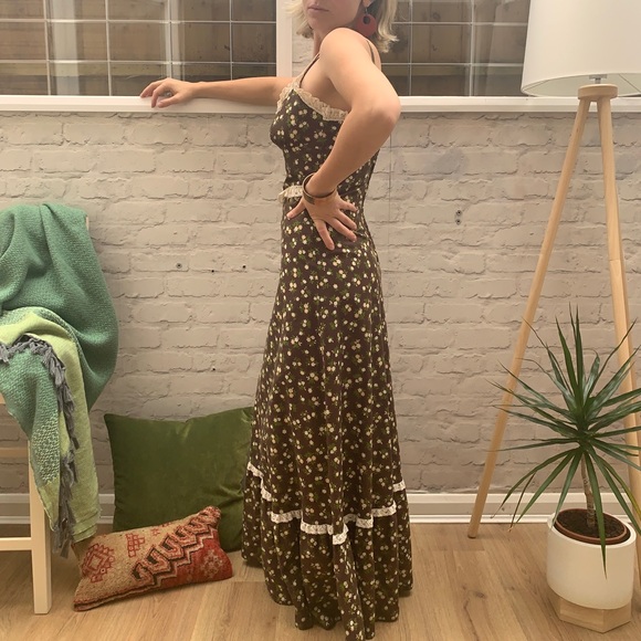 🇬🇧 Vintage Peasant Maxi Dress Bohemian Floral XS gypsy queen 60s 70s Brown - Picture 10 of 10